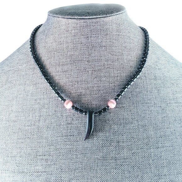 Hematite Tooth & Pink Beaded Necklace - Picture 1 of 8